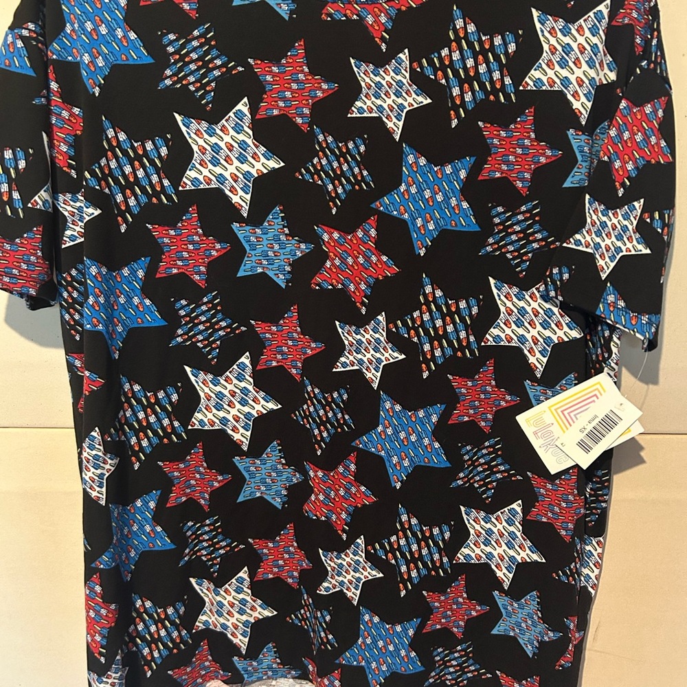 LuLaRoe Black Tee with Red and Blue Star Design